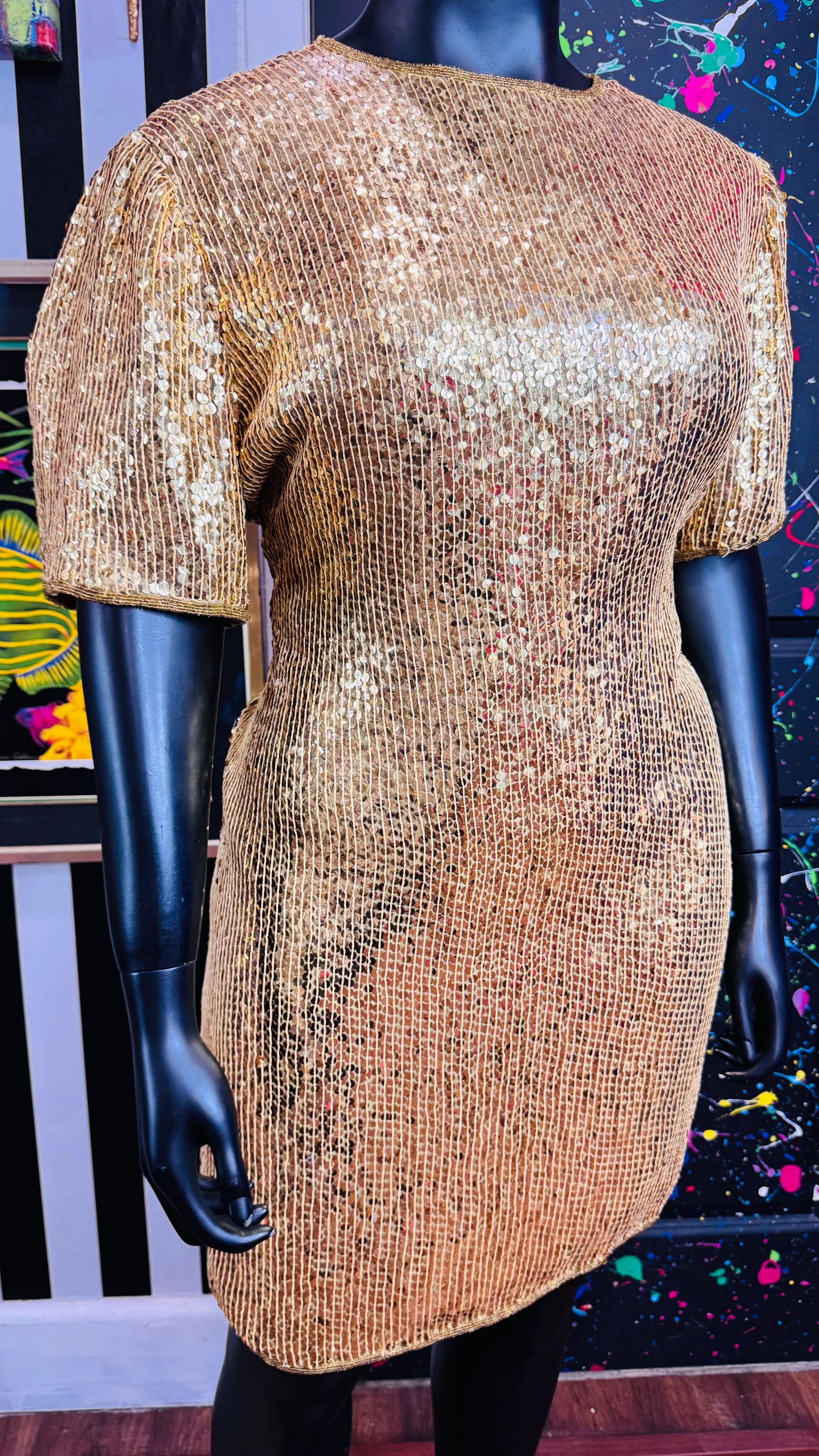 Vintage Gold Lawrence Kazar 100% Silk Sequin Dress (18)