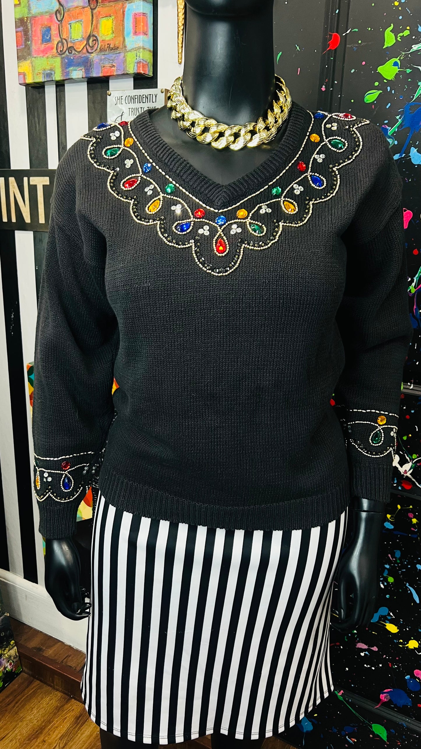 Vintage Black Knit Jeweled Sweater (16)