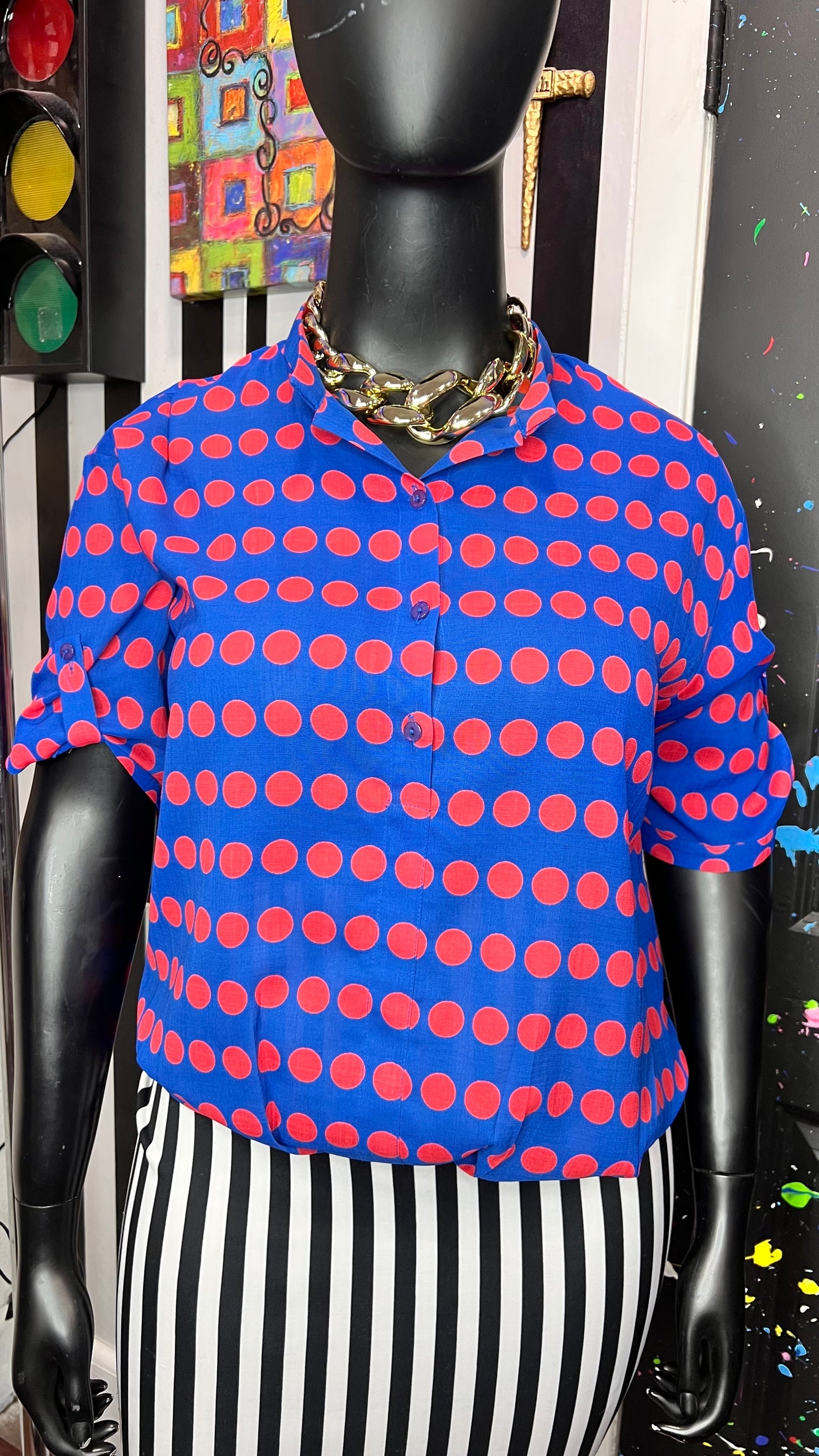 Vintage Red & Blue Polka Dot Blouse (14)