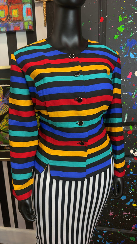Vintage Striped Color Block Cropped Blazer (18)