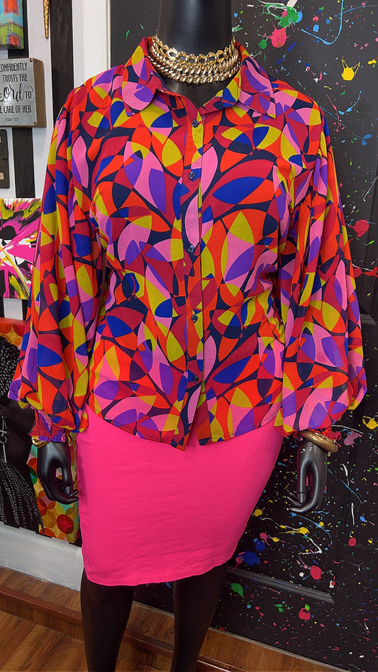 Abstract Ballon Sleeve Blouse (20/22)