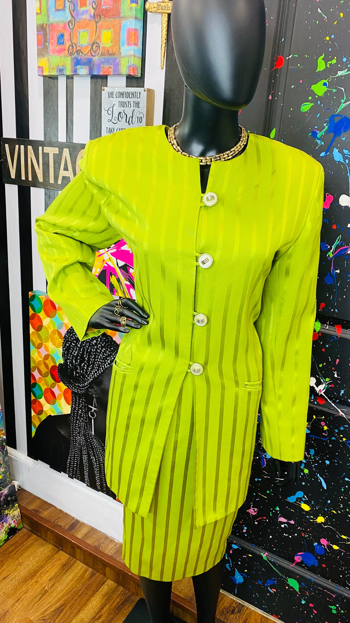 Vintage Green Striped Skirt Suit (14)