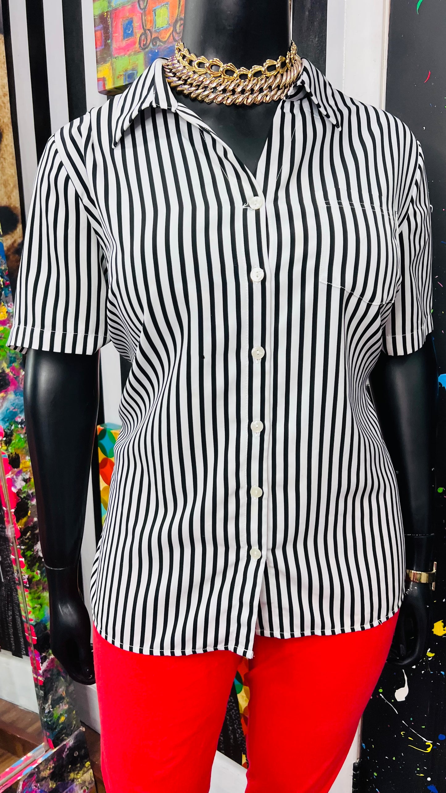 Vintage Black & White Striped Blouse (18)