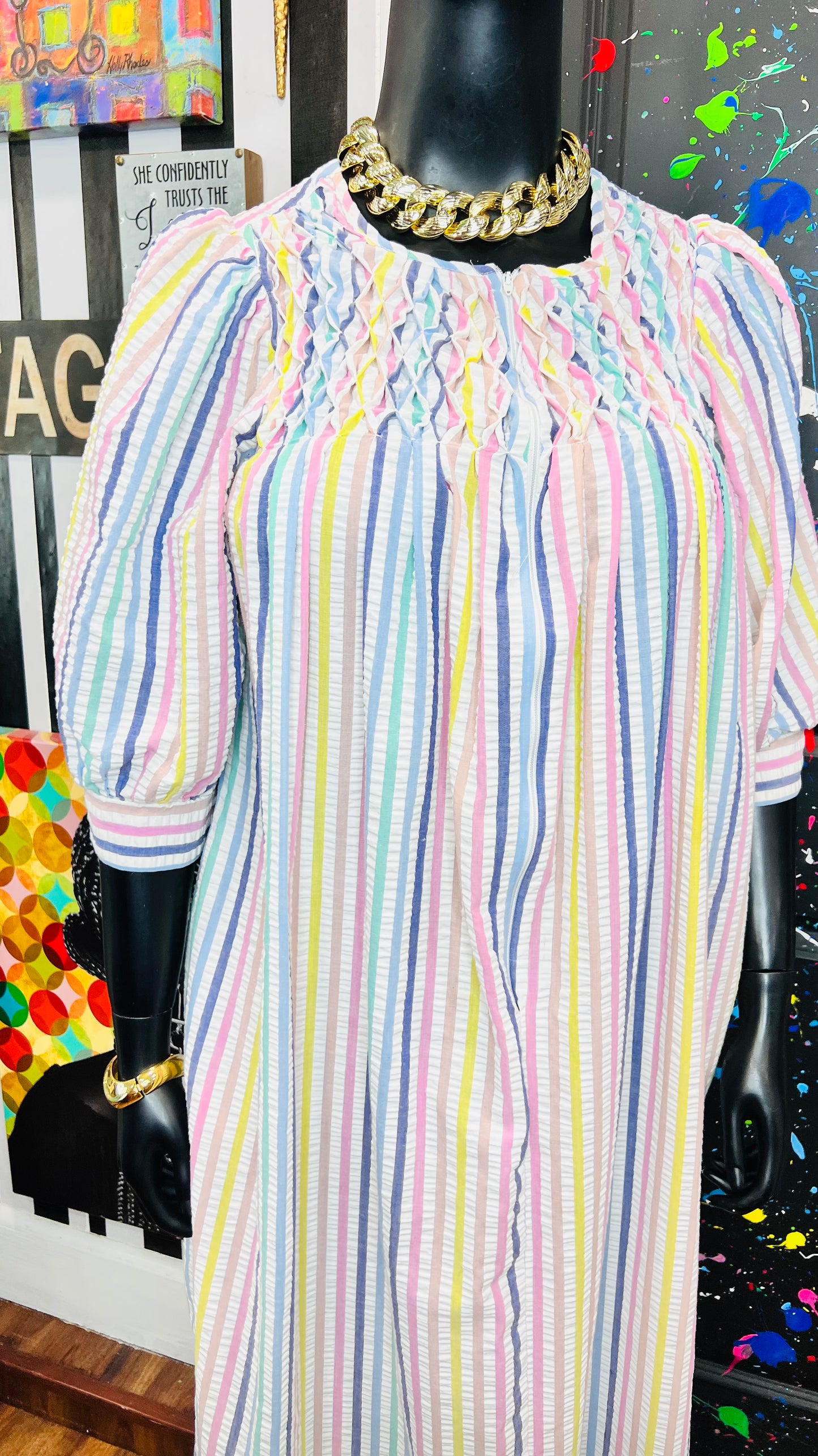 Vintage Striped Pastel Night 70’s Gown (12/14)
