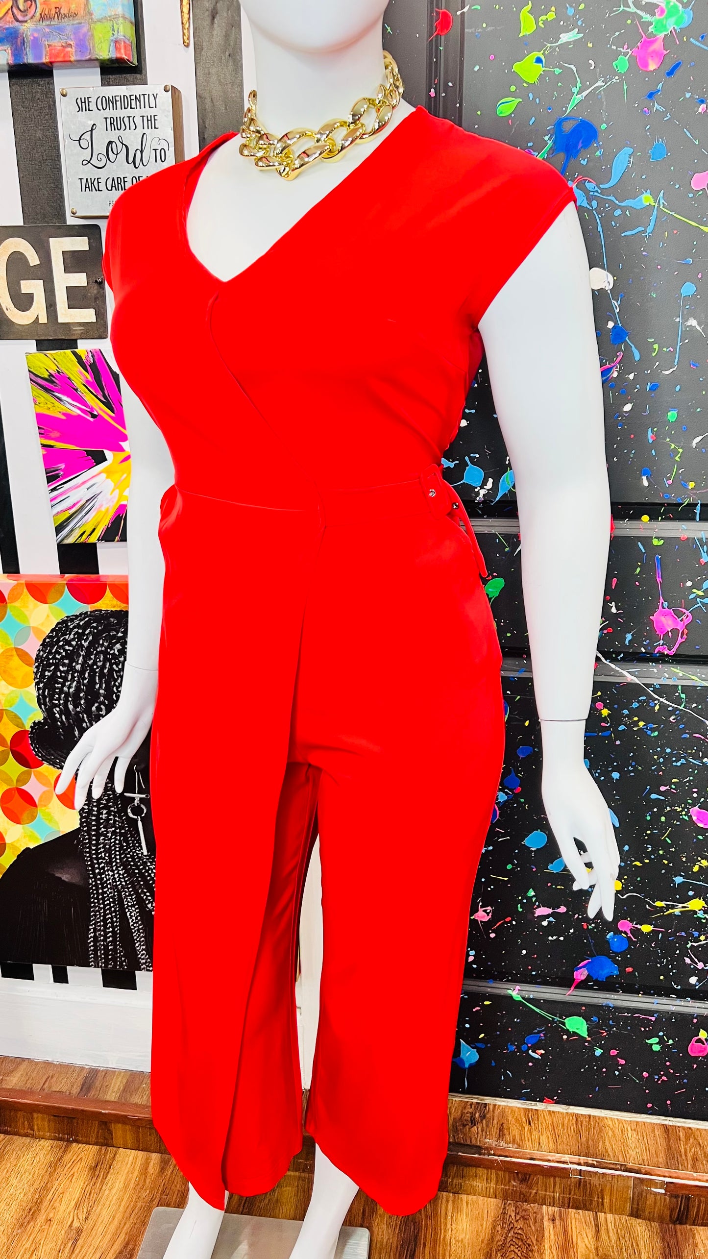 Vintage Inspired Unique Red Jumpsuit (14/16)