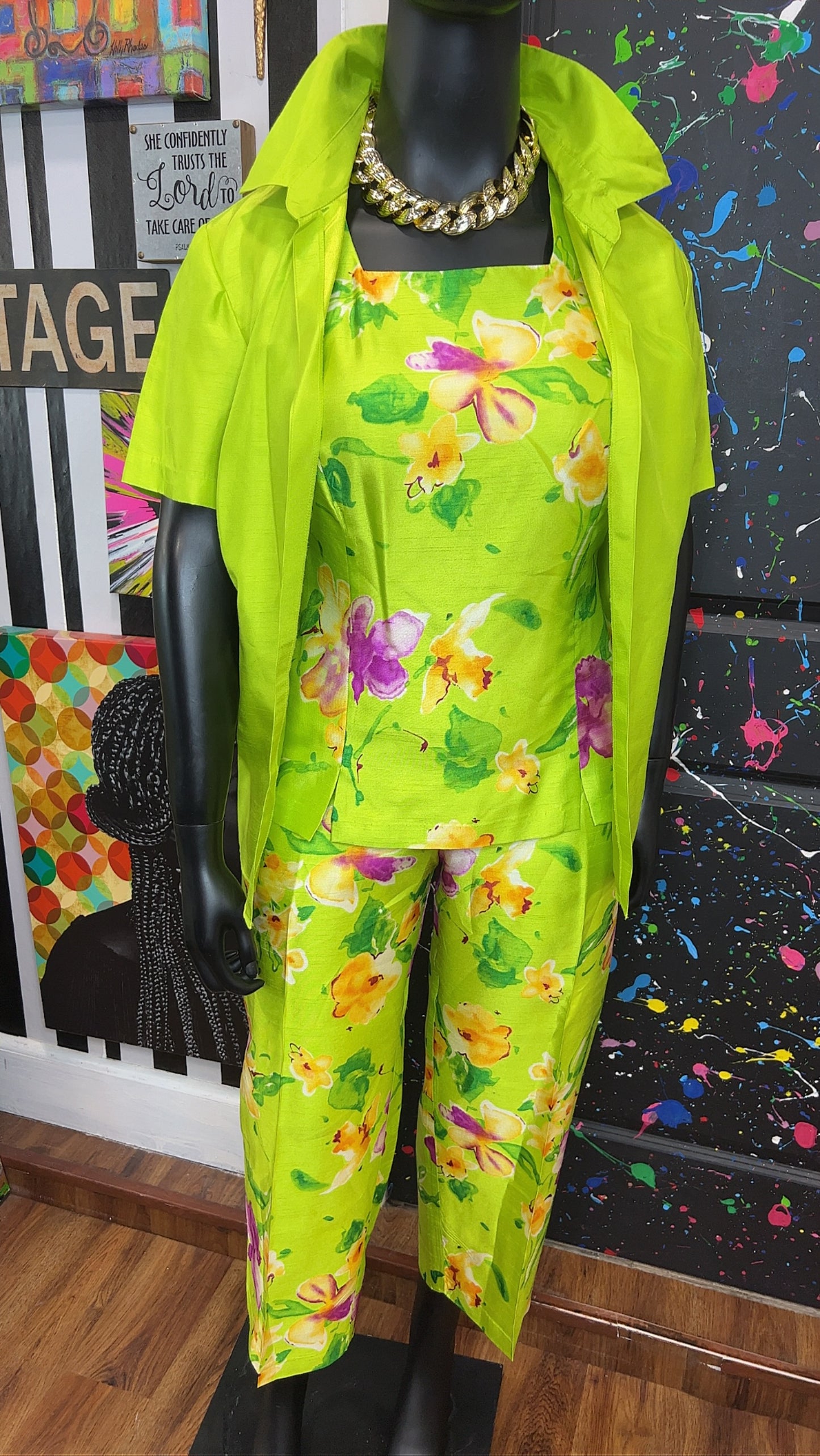 Vintage Green & Floral 3 Piece Pants Set (18W)