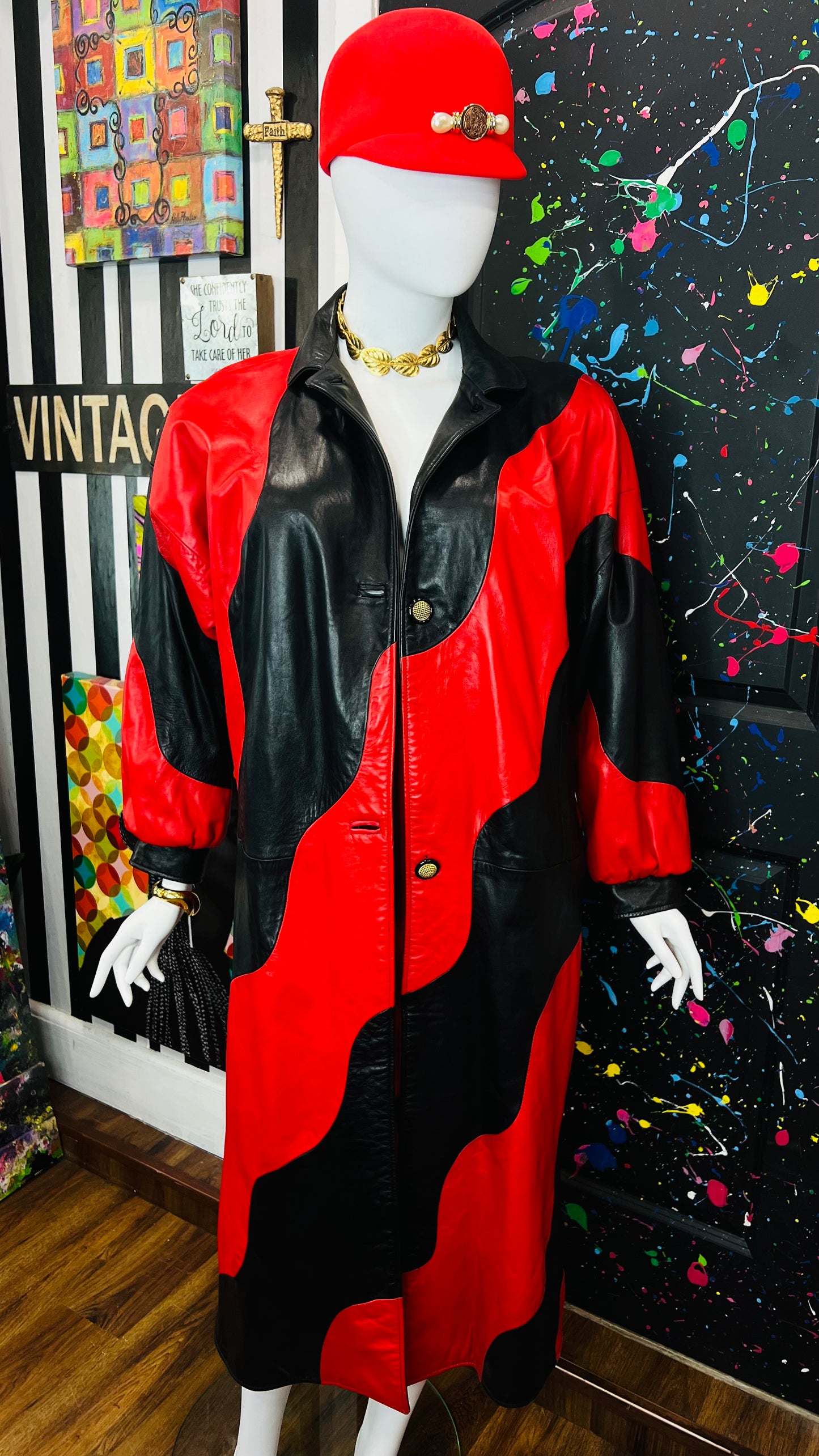 Vintage Genuine Leather Red & Black Trench Coat (16)