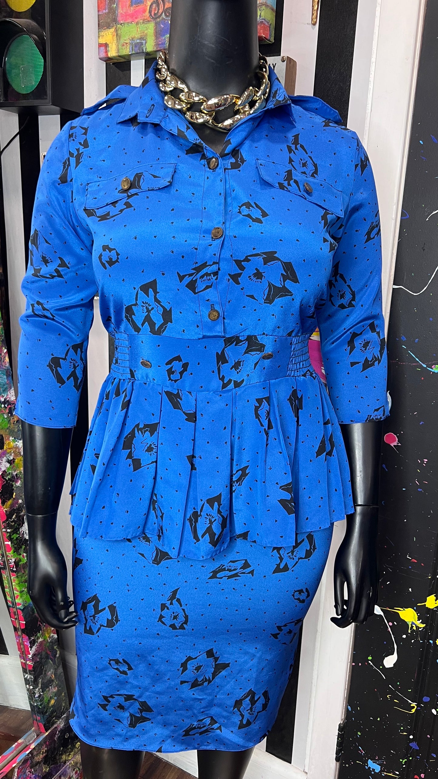 Vintage Blue & Black Peplum Dress (12)