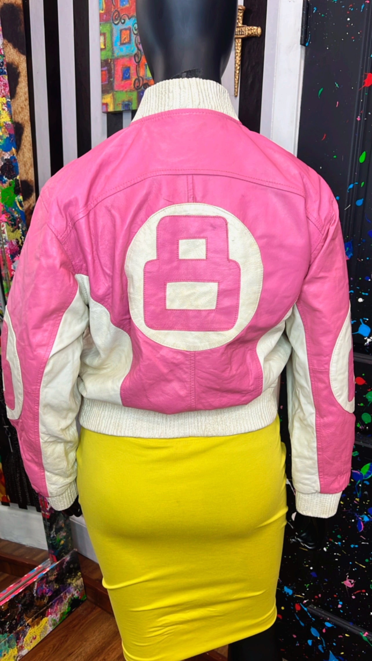 Vintage Genuine Leather Pink & Off White 8 Ball Jacket - 14/16