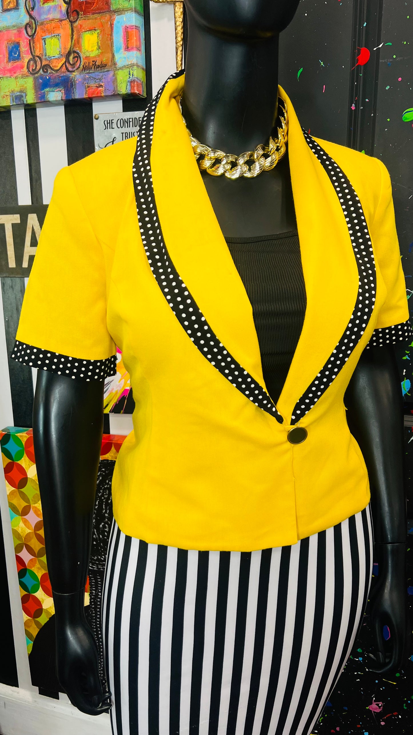 Vintage Single Button Polka Dot & Yellow Short Sleeve Blazer(12)