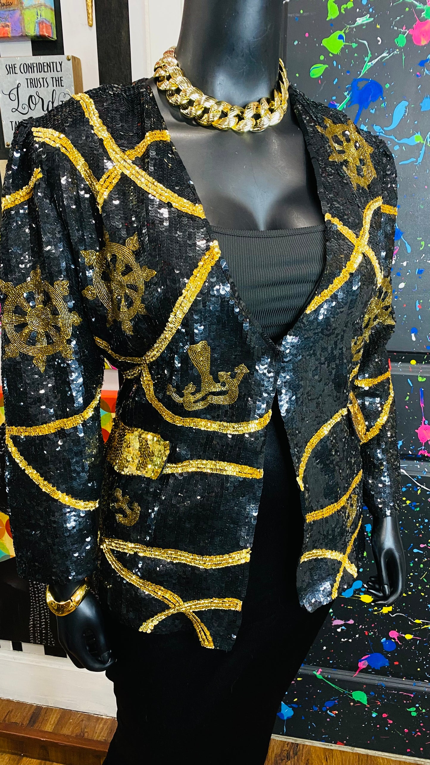 Vintage Sequin Black & Gold Blazer (14)