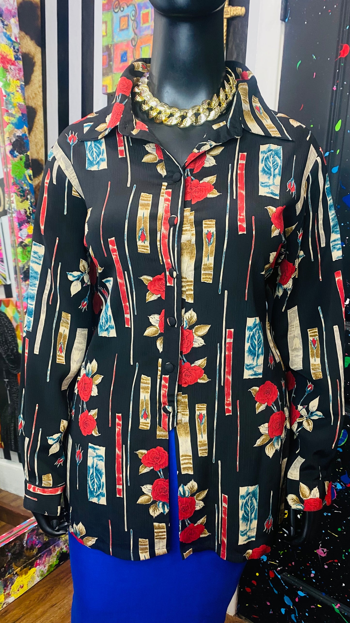 Vintage Black Blue & Red Rose Blouse (22)