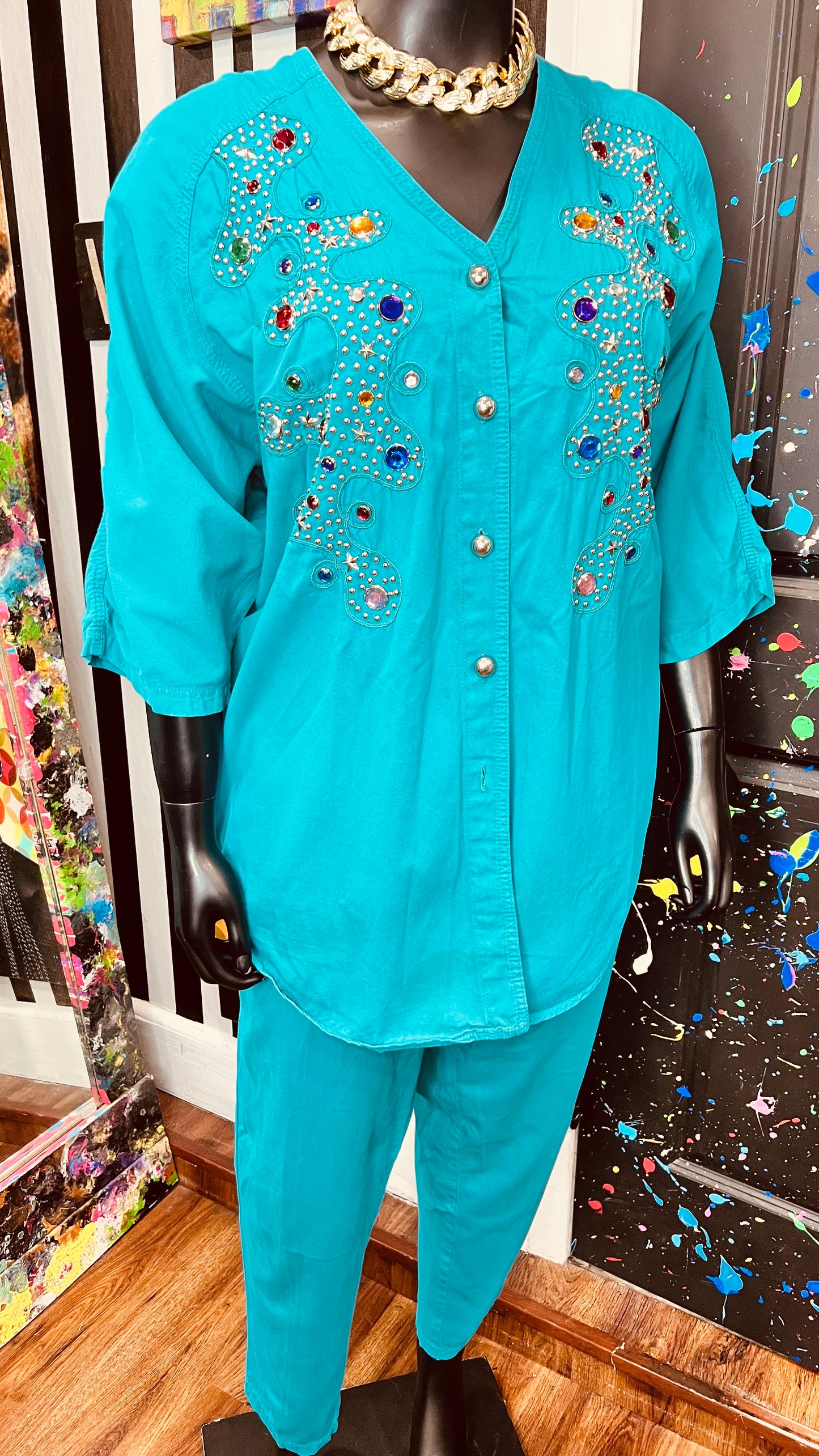 Vintage Teal Denim Jewel & Studds Pants Set (22/24)