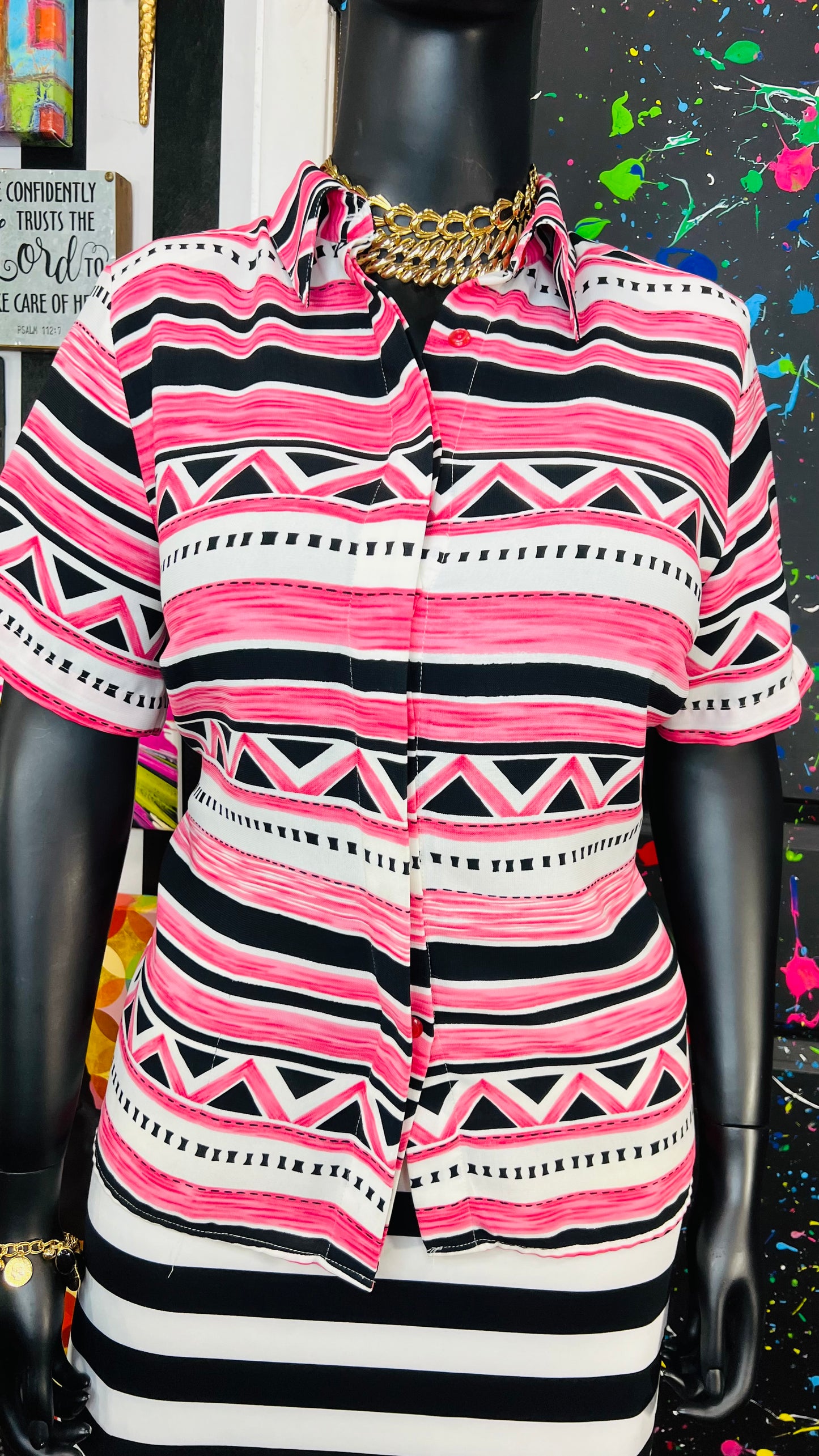 Vintage Pink & White Tribal Print Blouse (16W)