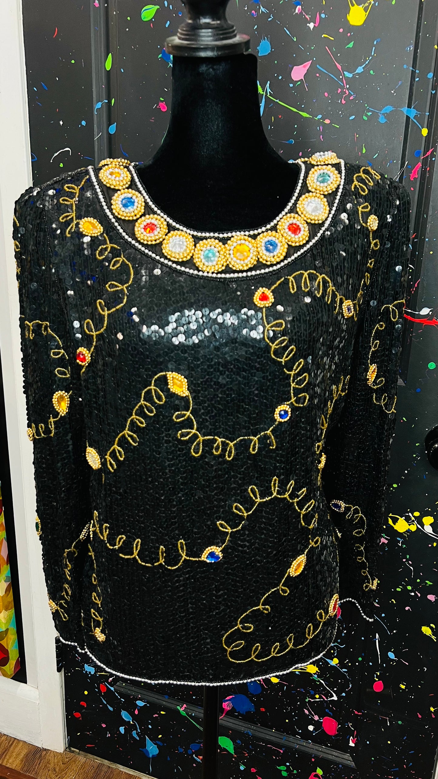 Vintage 100% Silk Sequin Jeweled Blouse (12)