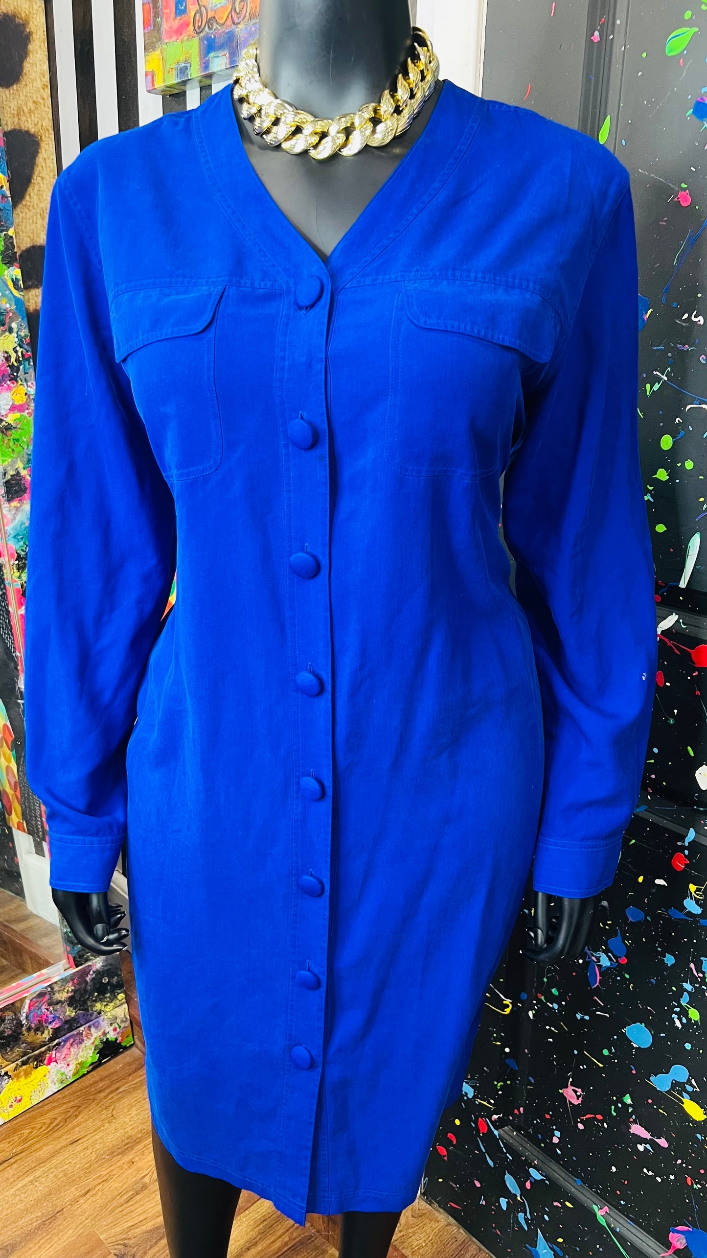 Vintage 100% Silk Cobalt Blue Dress (18)