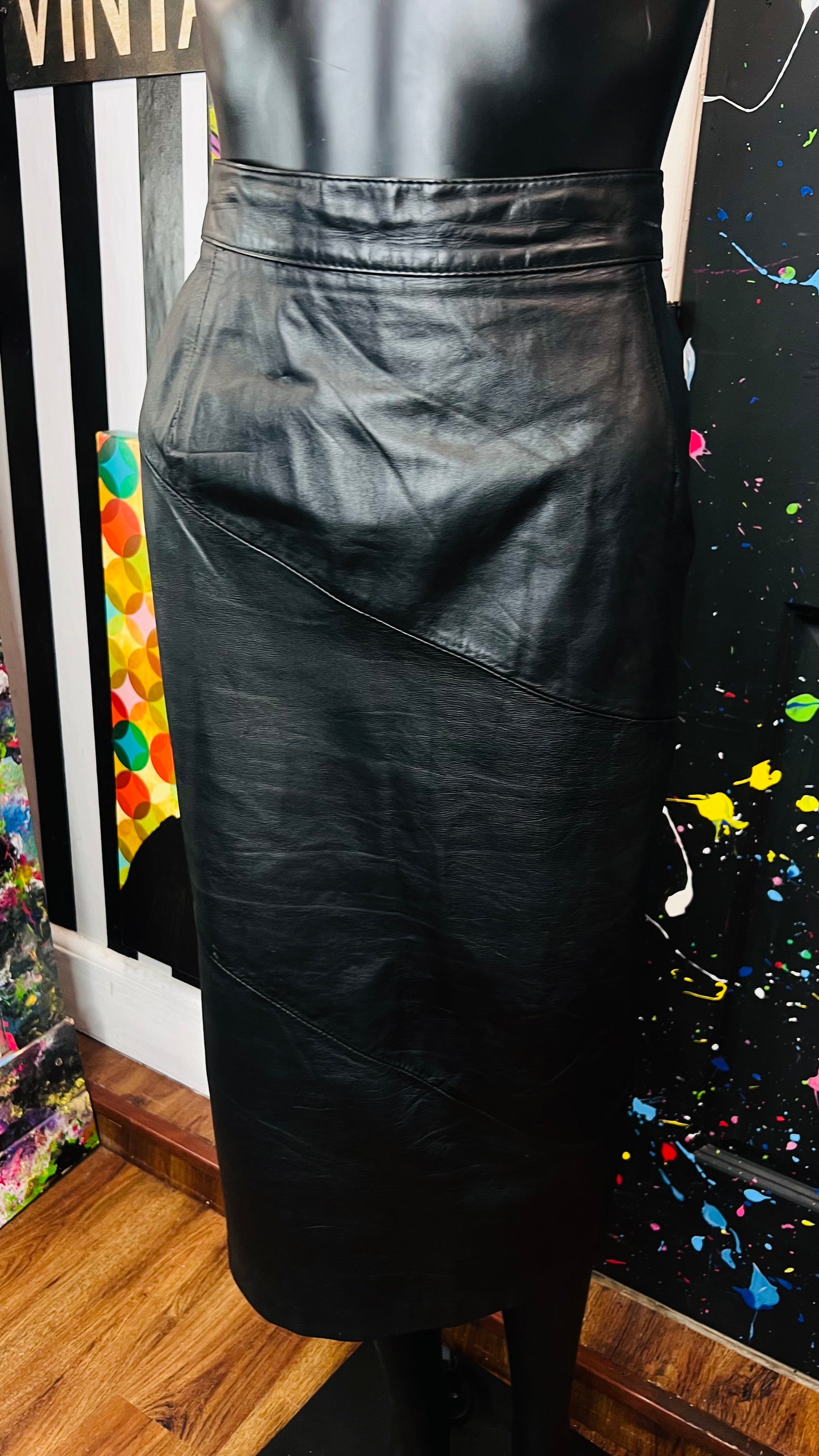 Vintage Black Genuine Leather Skirt (12/14)