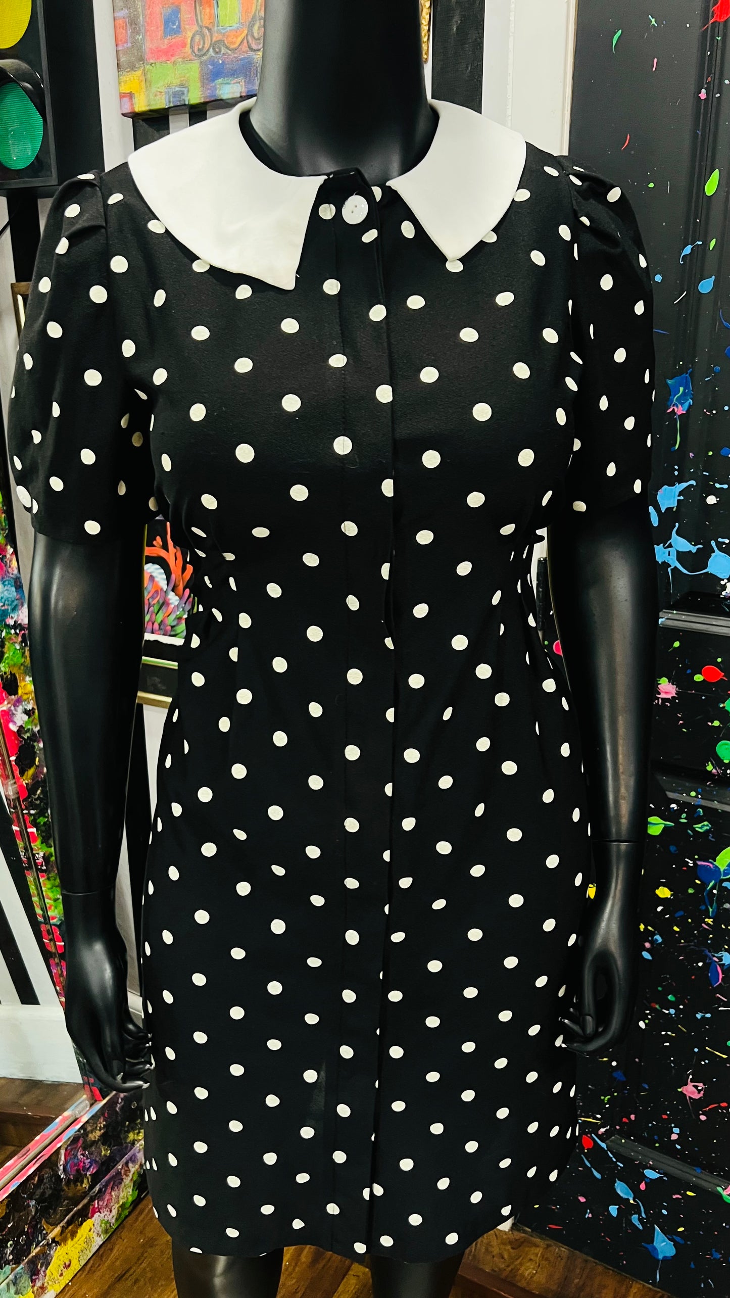 Vintage Polyester Black & White Polka Dot Dress (14) *some stretch