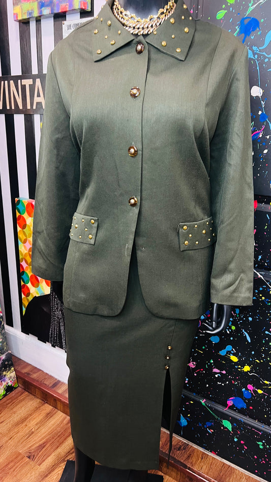 Vintage Army Green Studded Skirt Set (24W)