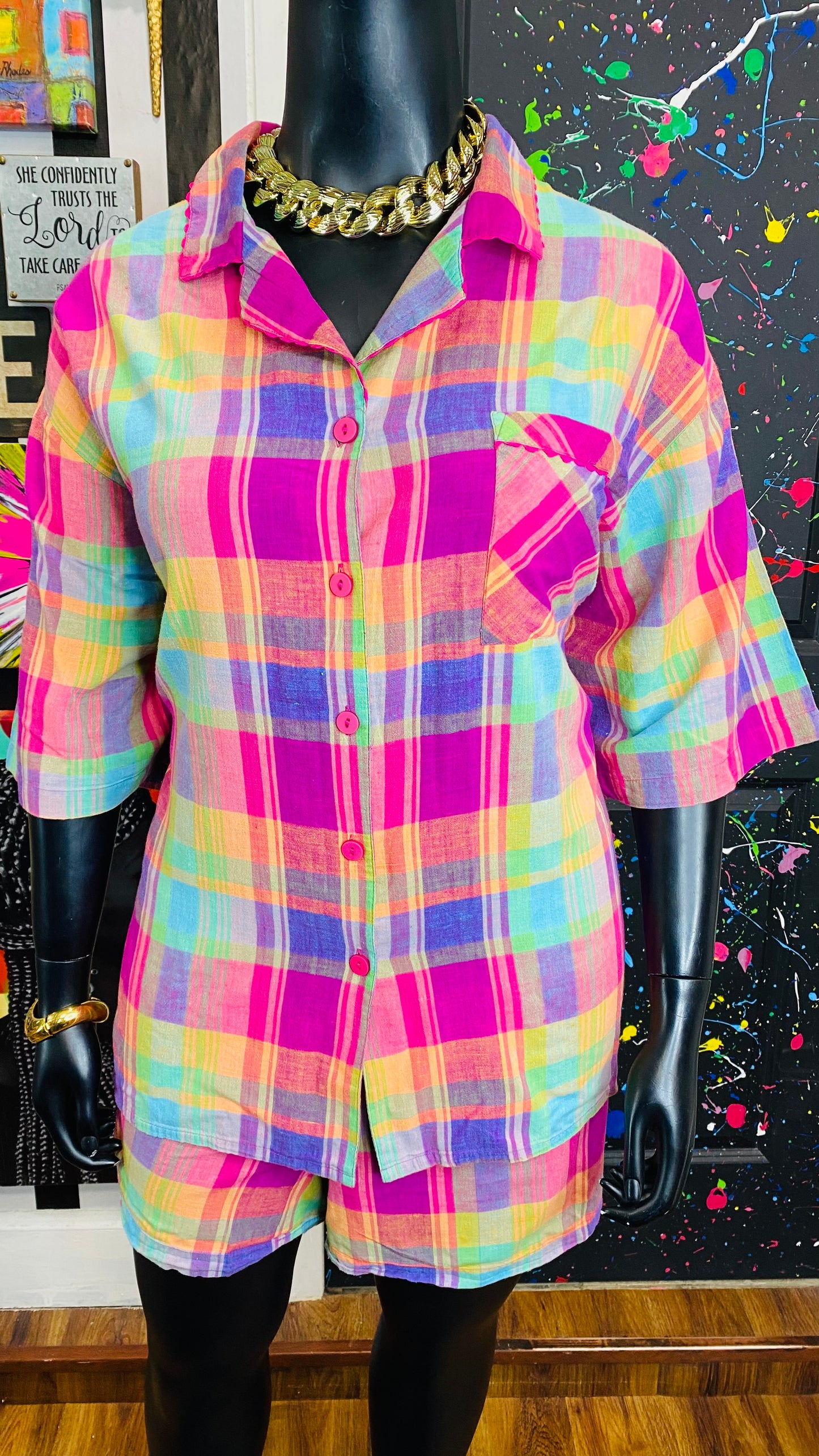 Vintage Plaid & Pink Shorts Set (26)
