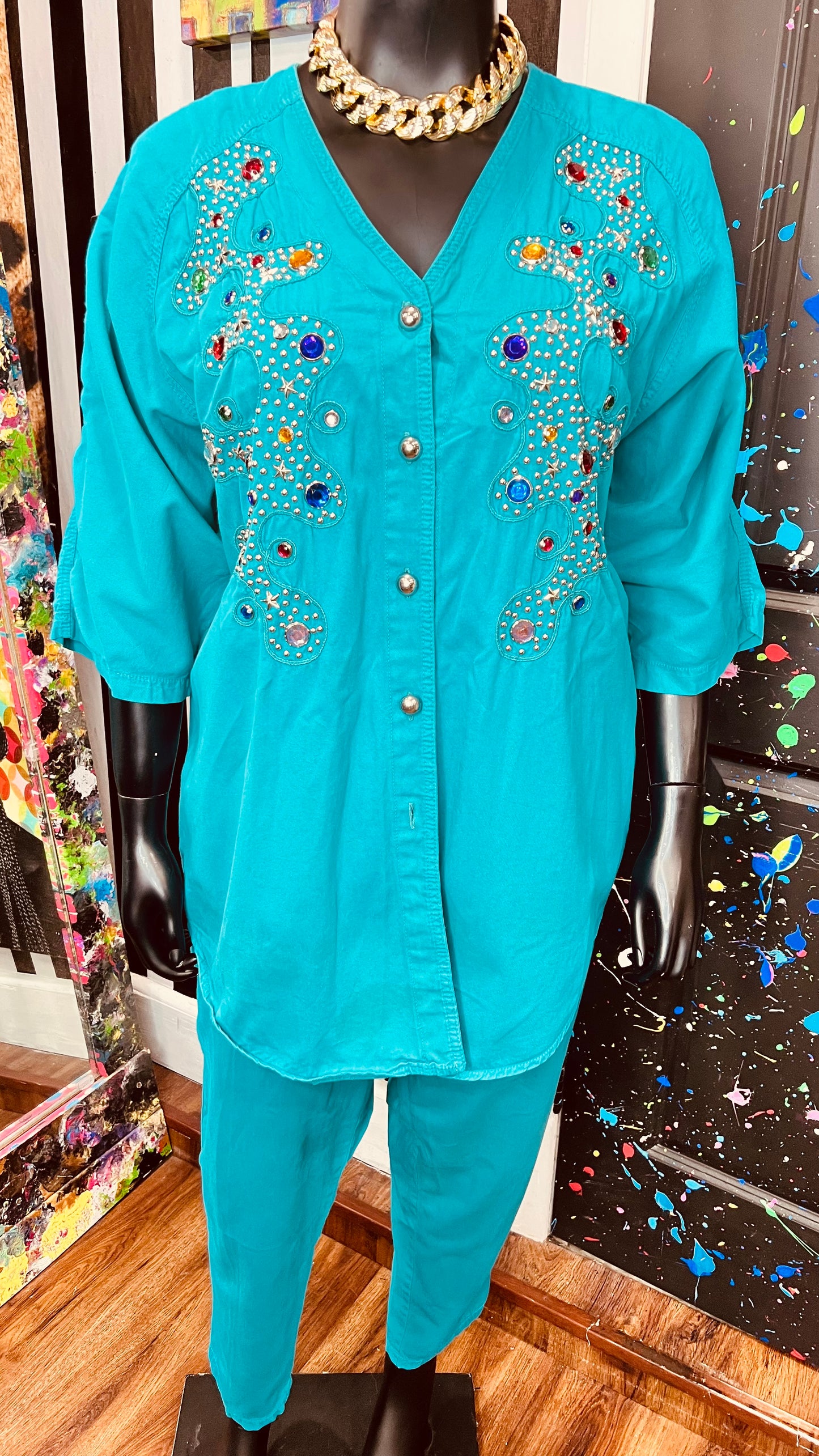Vintage Teal Denim Jewel & Studds Pants Set (22/24)