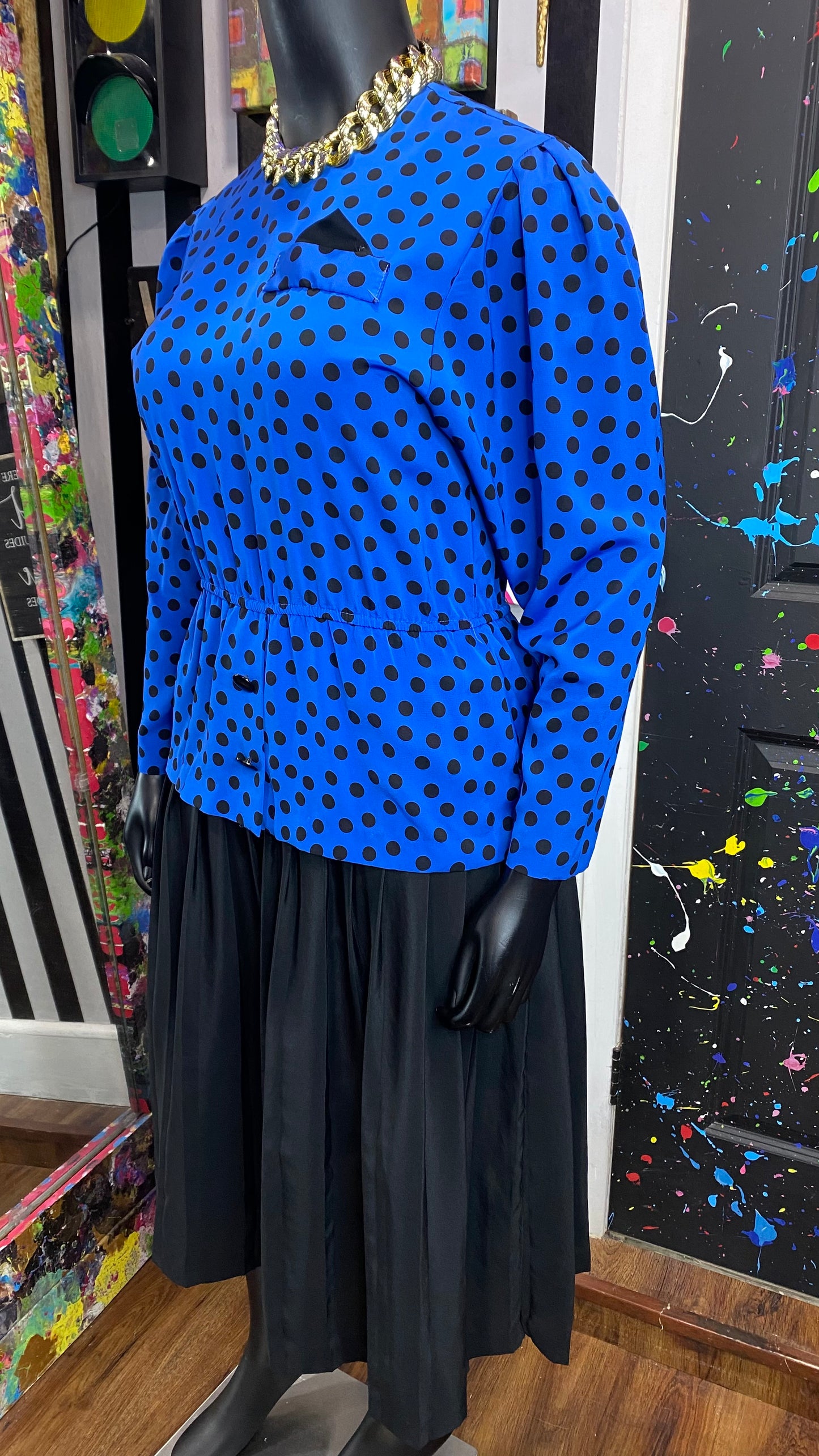 Vintage Black & Blue Polka Dot Dress (12)