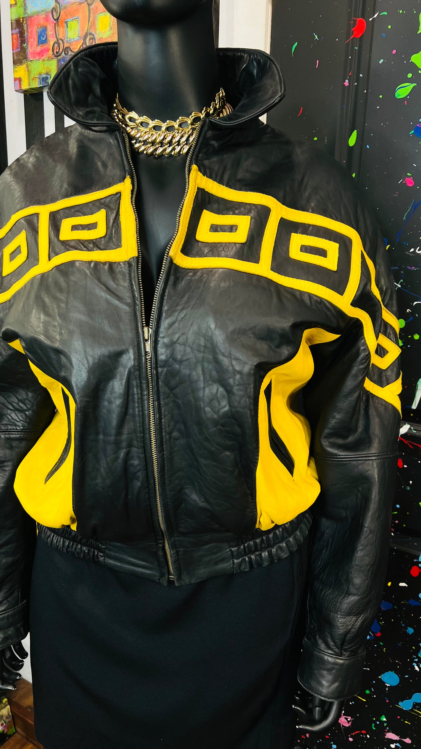 Vintage Genuine Leather Yellow & Black Tribal Print Coat (16/18)