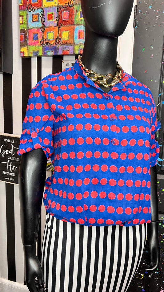 Vintage Red & Blue Polka Dot Blouse (14)