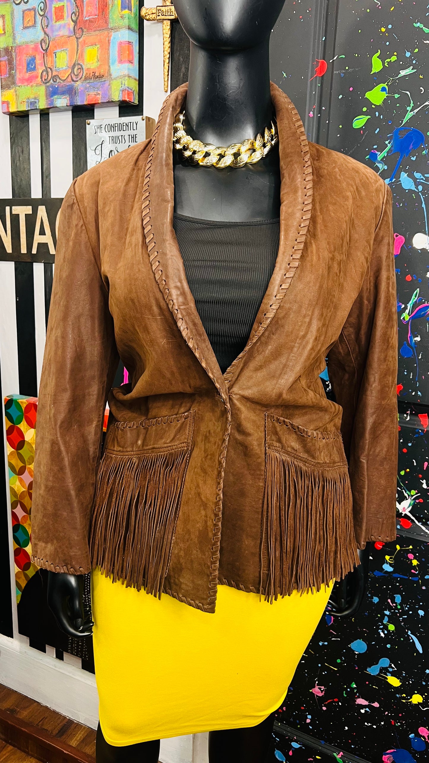 Vintage Genuine Leather Brown Fringe Blazer (18)