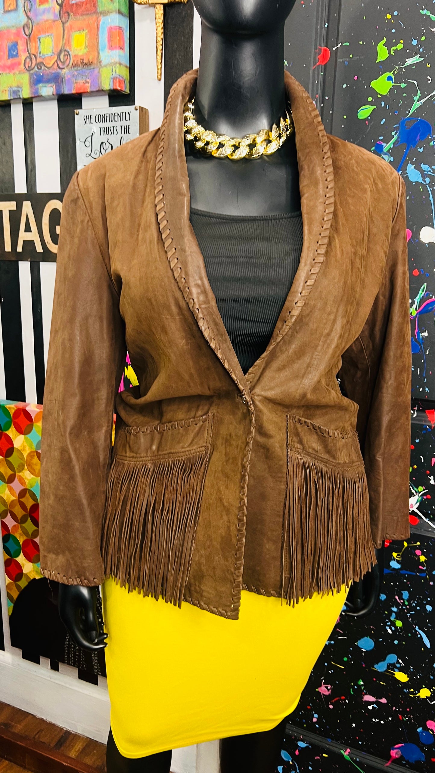 Vintage Genuine Leather Brown Fringe Blazer (18)