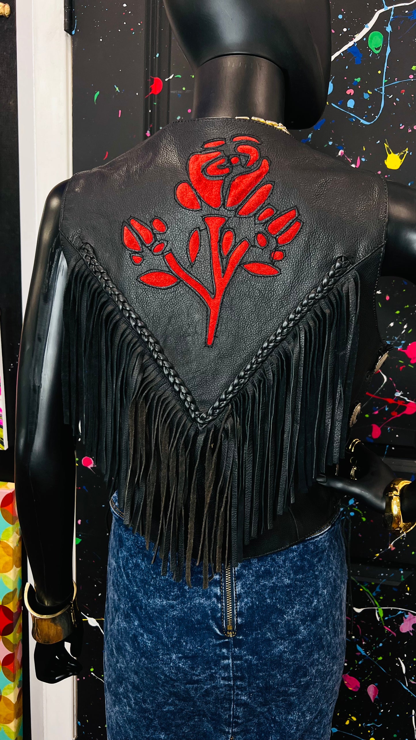 Vintage Genuine Leather Rose Fringe Vest (12)