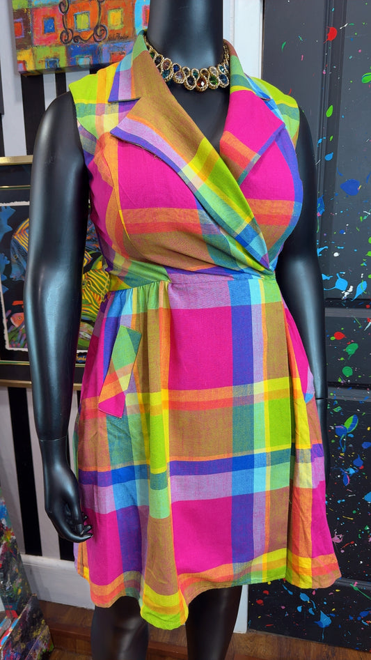 Vintage Sleeveless Colorful Plaid Dress (12)l