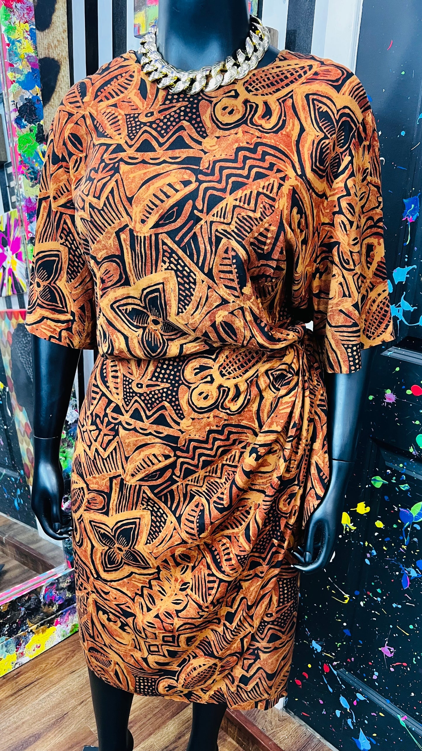 Vintage Rayon Sarong Style Tribal Print Dress (28) - Fits Like a 22