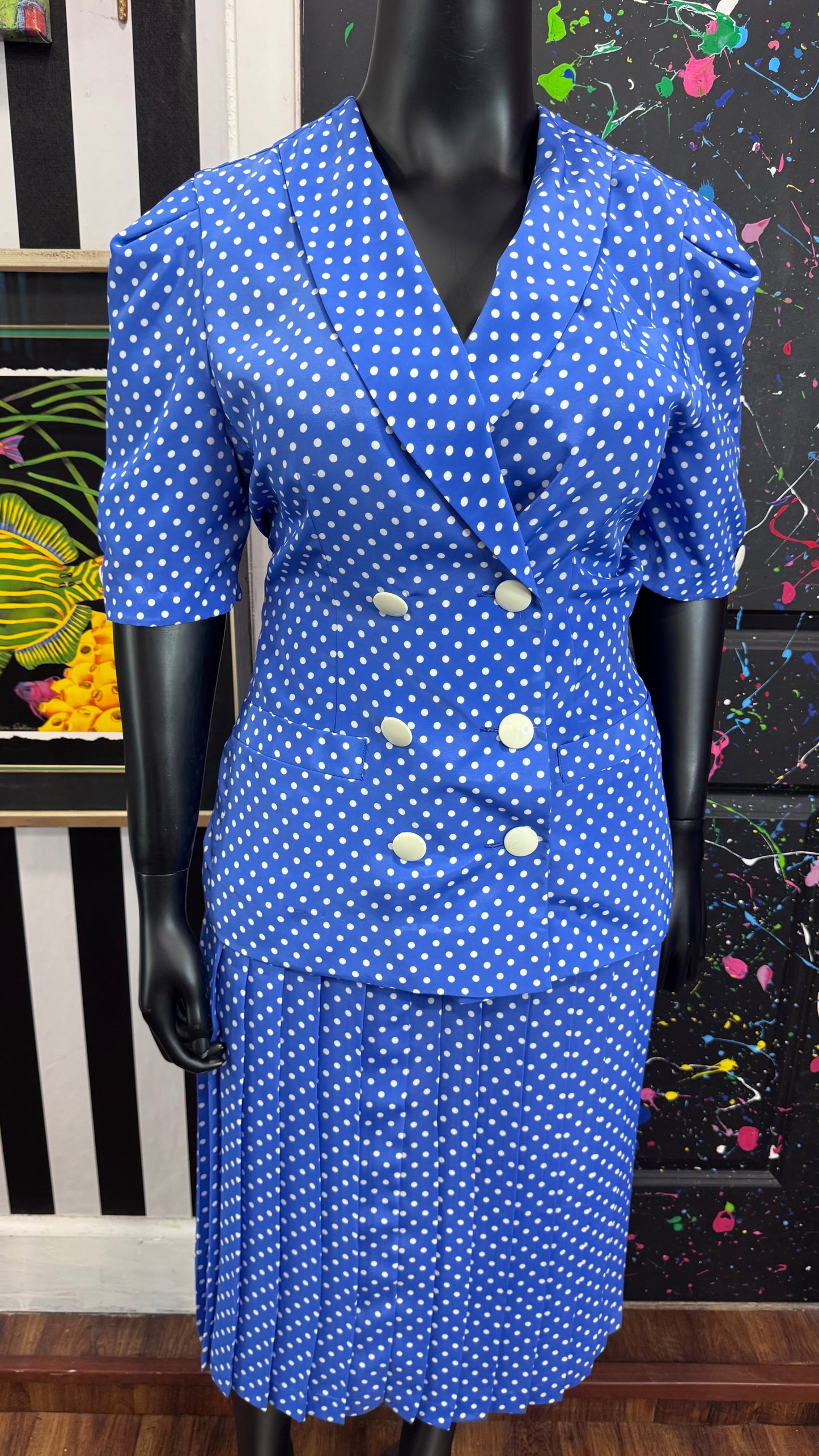 Vintage Blue & White Polka Dot Pleated Skirt Set (18)