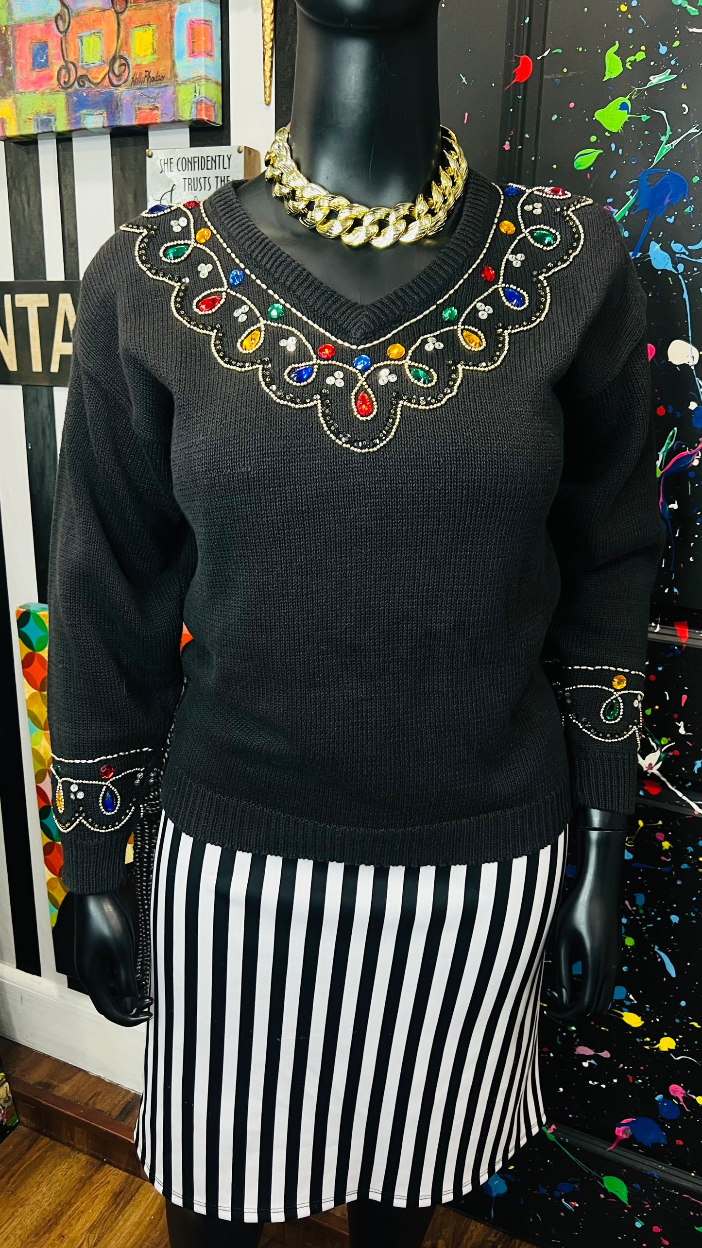 Vintage Black Knit Jeweled Sweater (16)