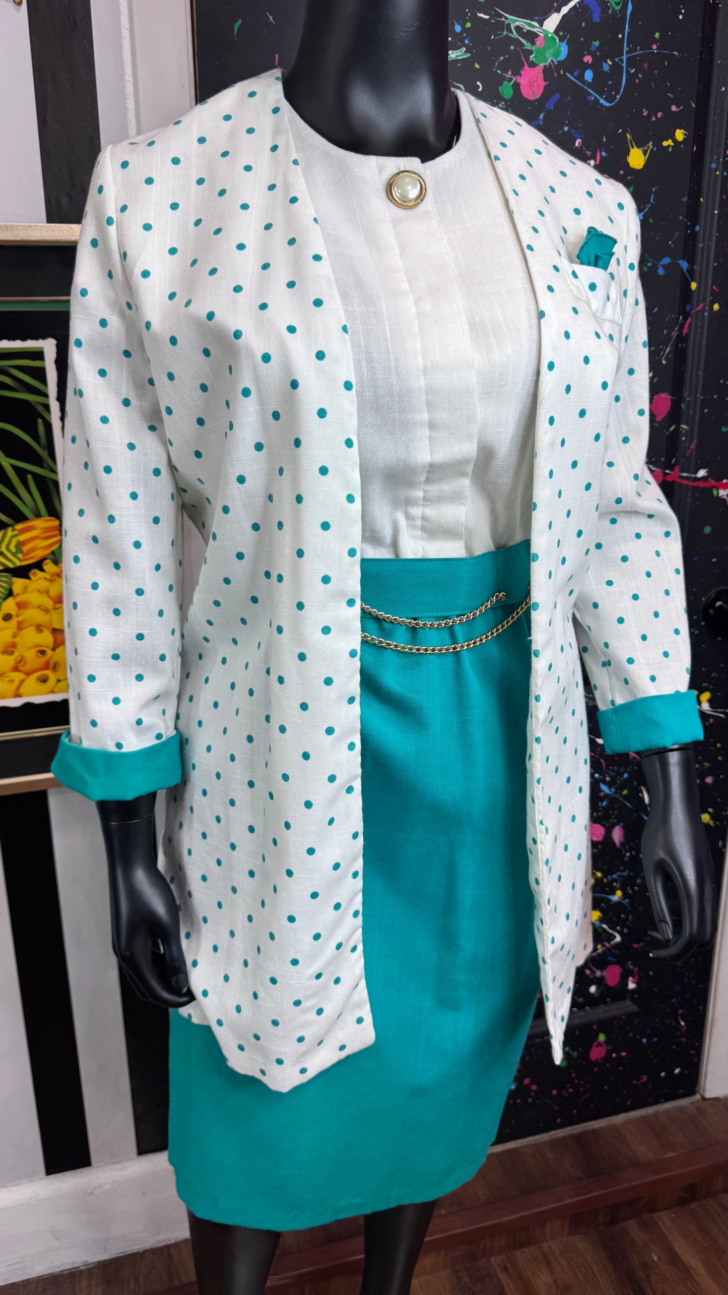 Vintage Teal & White Polka Dot Dress with Belt & Blazer (18)
