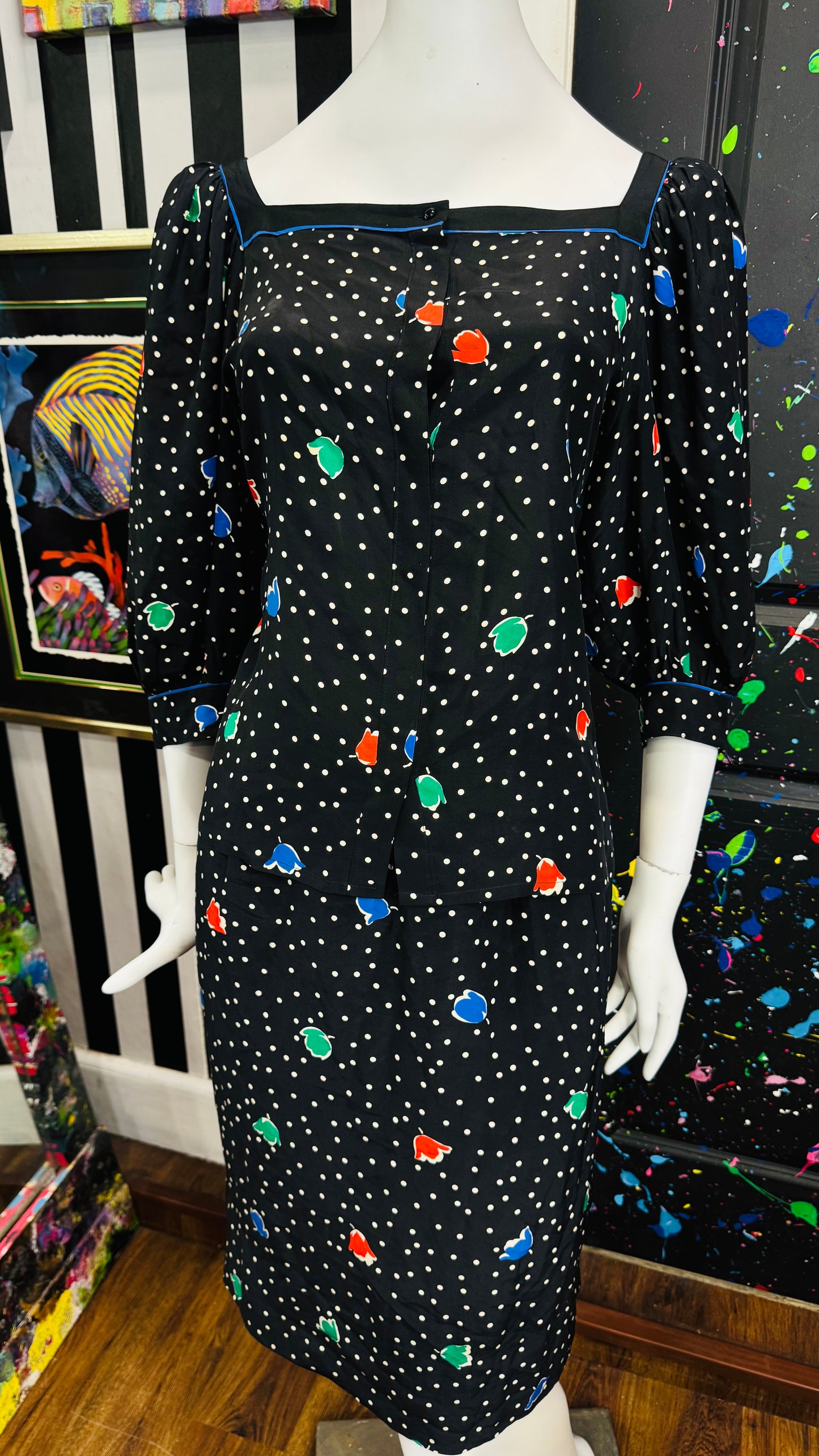 Vintage Silk Louis Féraud Polka Dot Skirt Set (12)