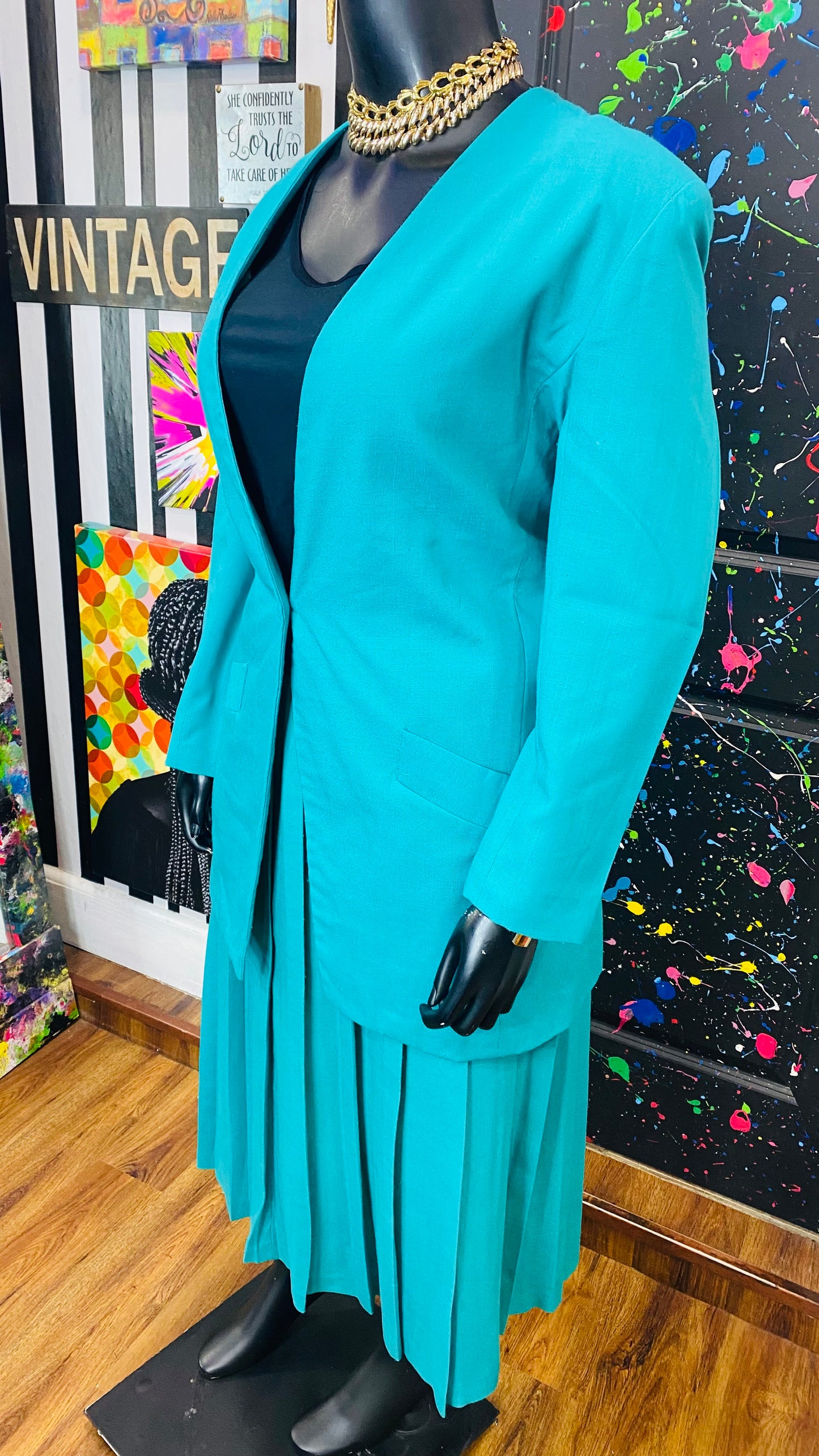 Vintage Teal Blue Pleated Skirt Set (18)