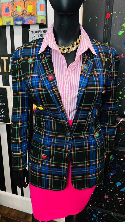 Plus Size Vintage Plaid Button Blazer (14)