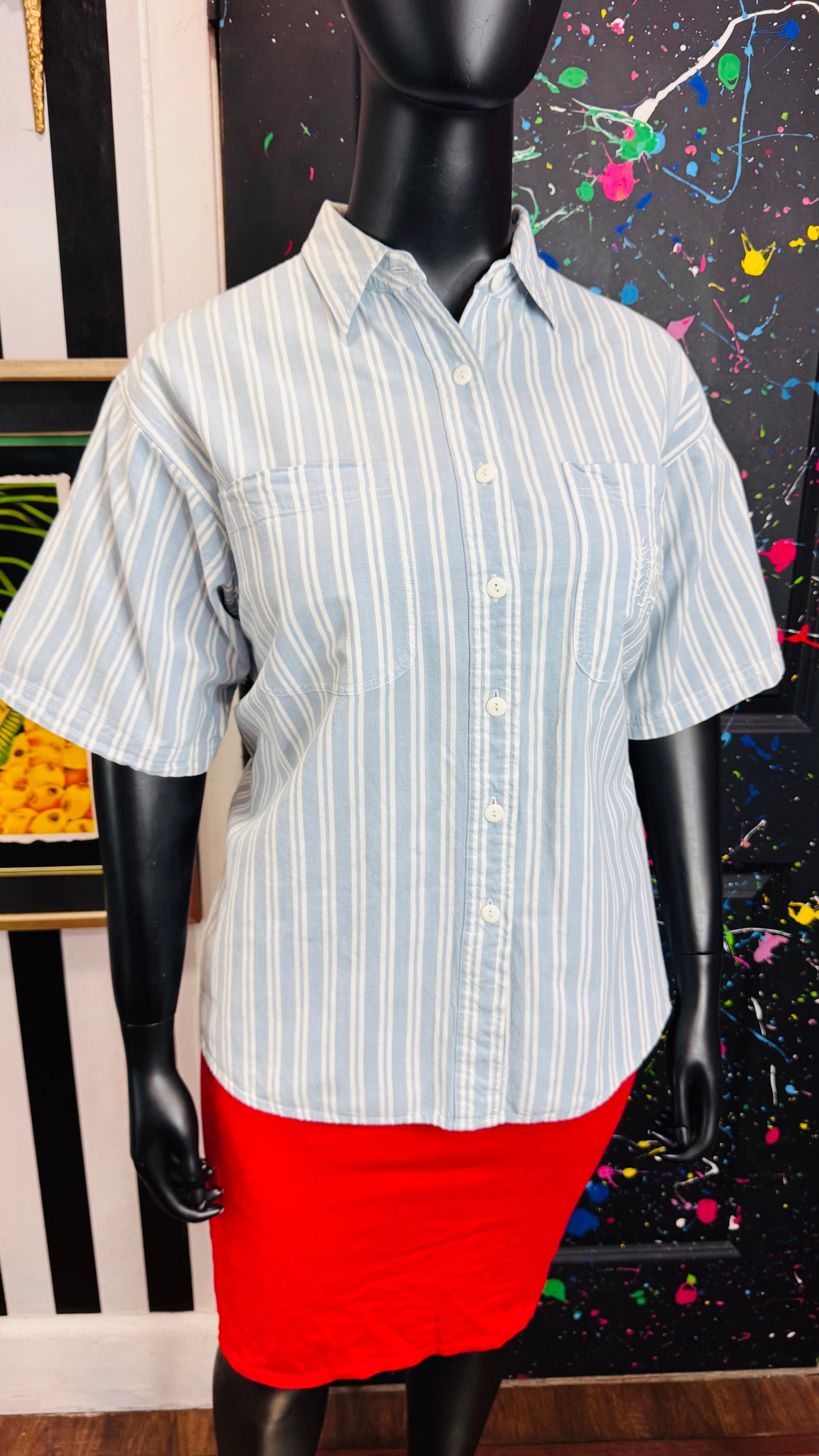 Vintage Blue & White Striped Denim Blouse (22W)