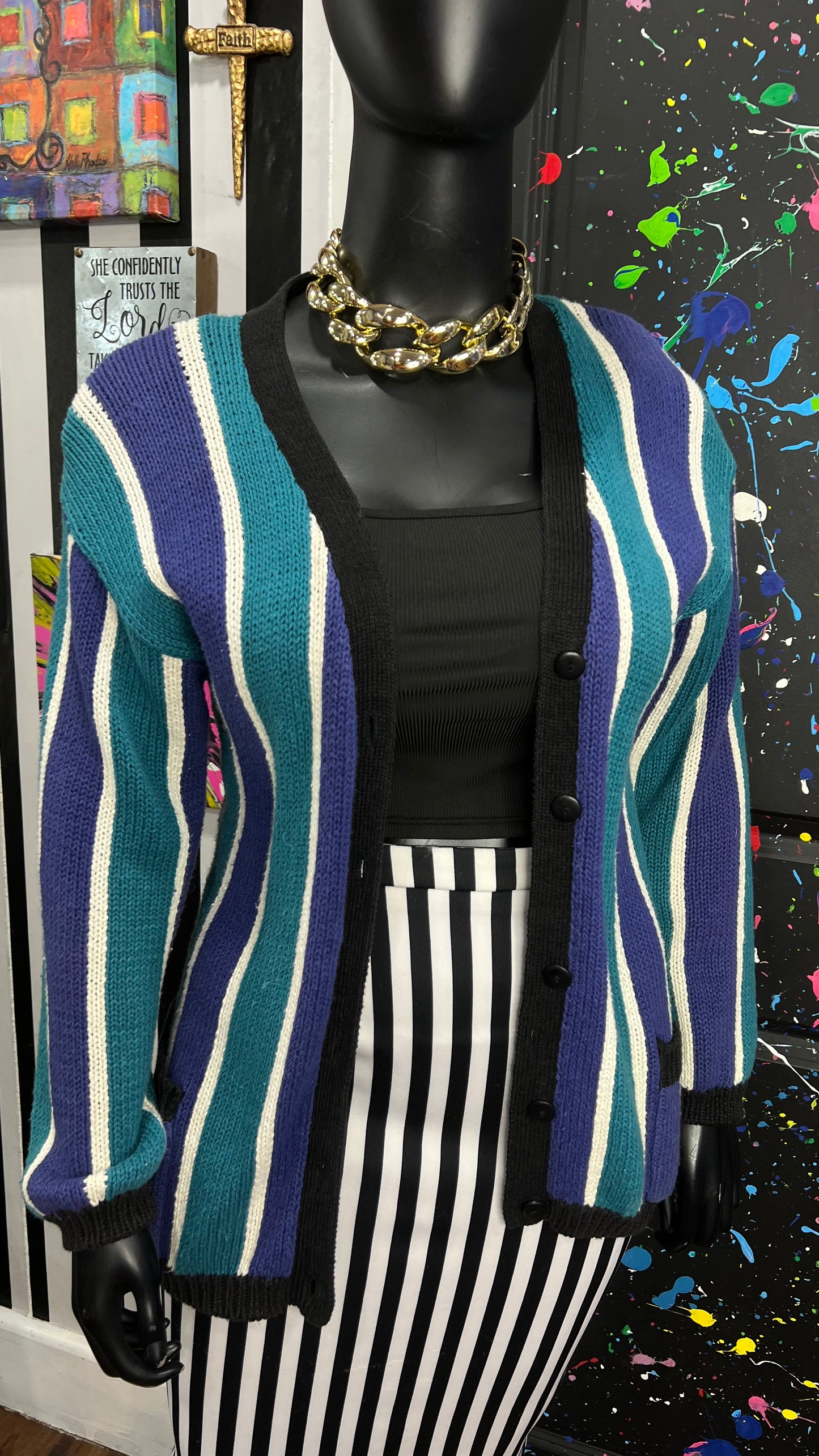 Vintage Blue Black & White Striped Cardigan (16)