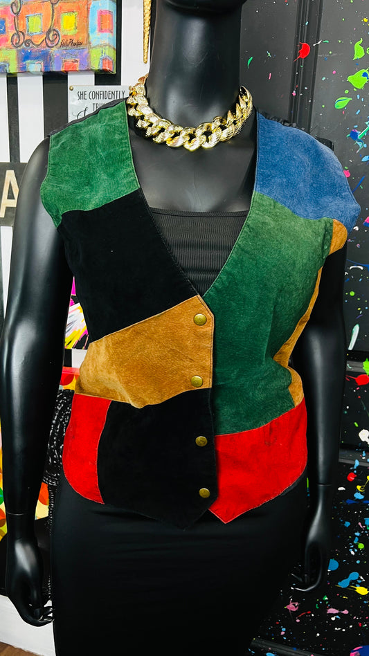 Vintage Suede Genuine Leather Colorblock Vest (16/18)