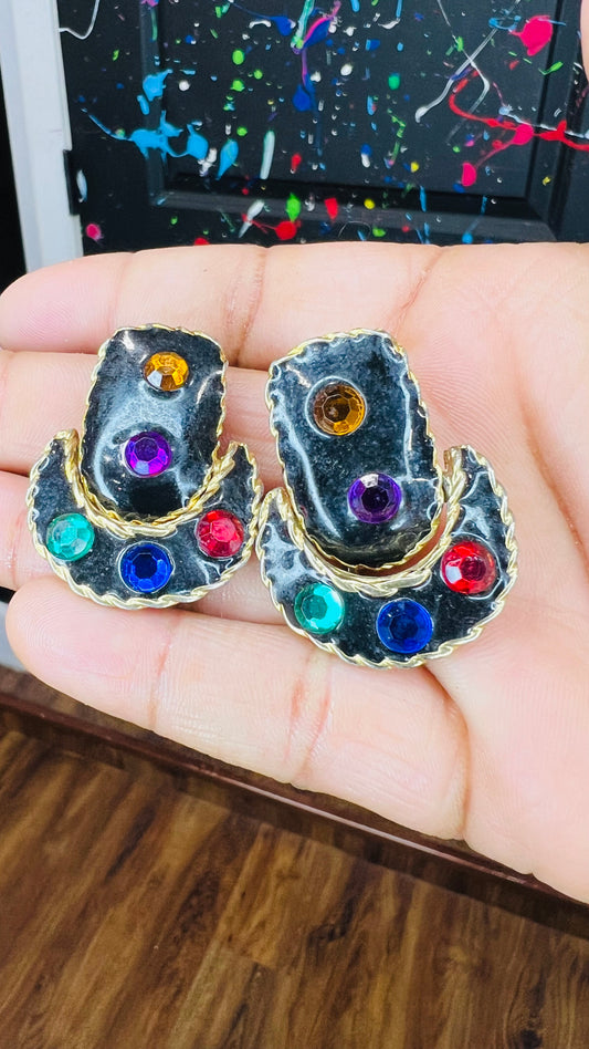 Vintage Black & Colorful Jewel (Metal) Clip On Earrings