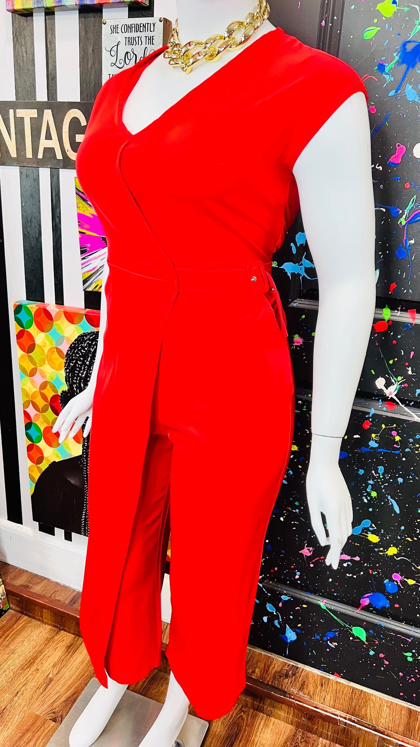 Vintage Inspired Unique Red Jumpsuit (14/16)
