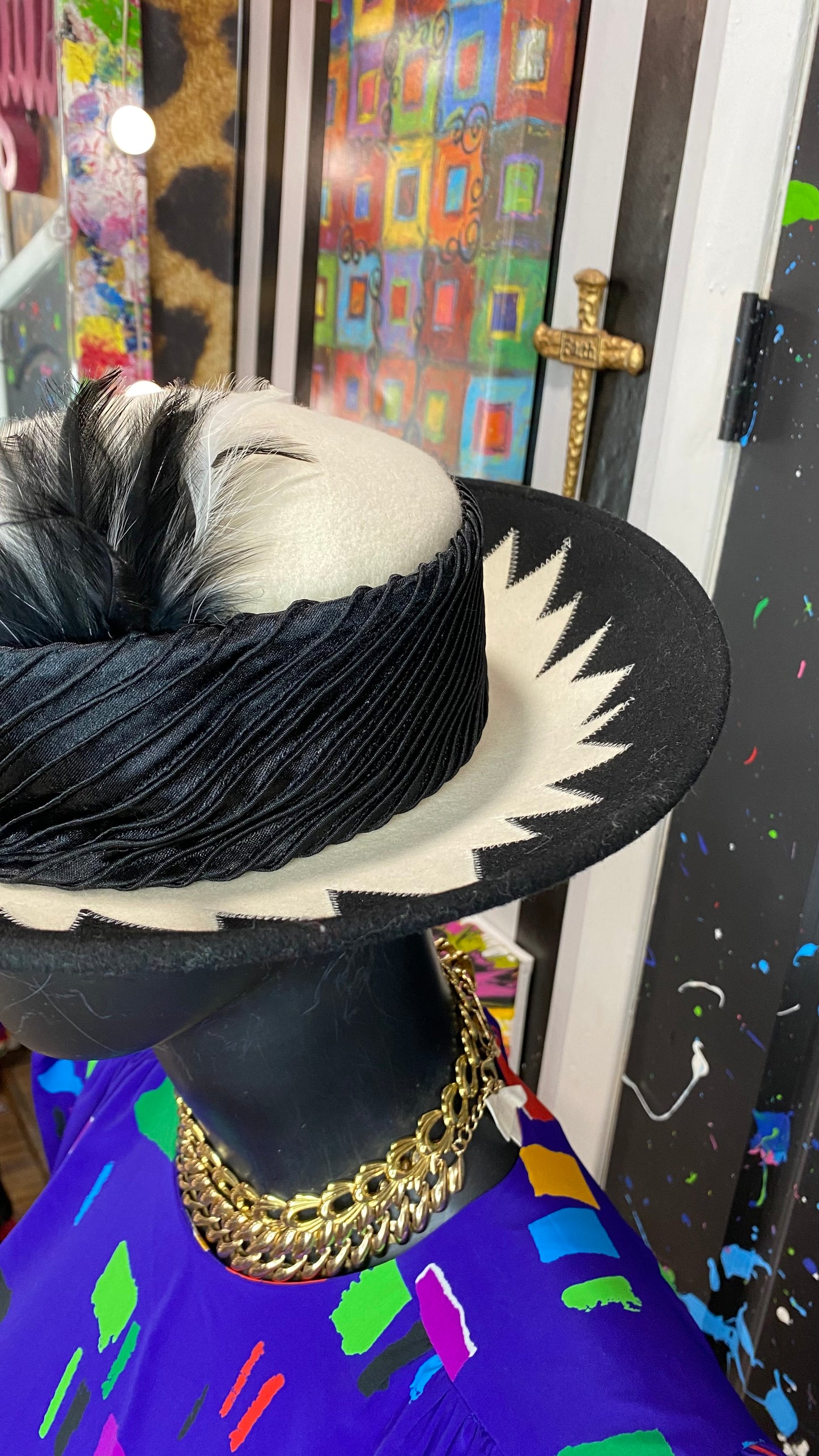 Vintage Black & White Wool Feather Hat