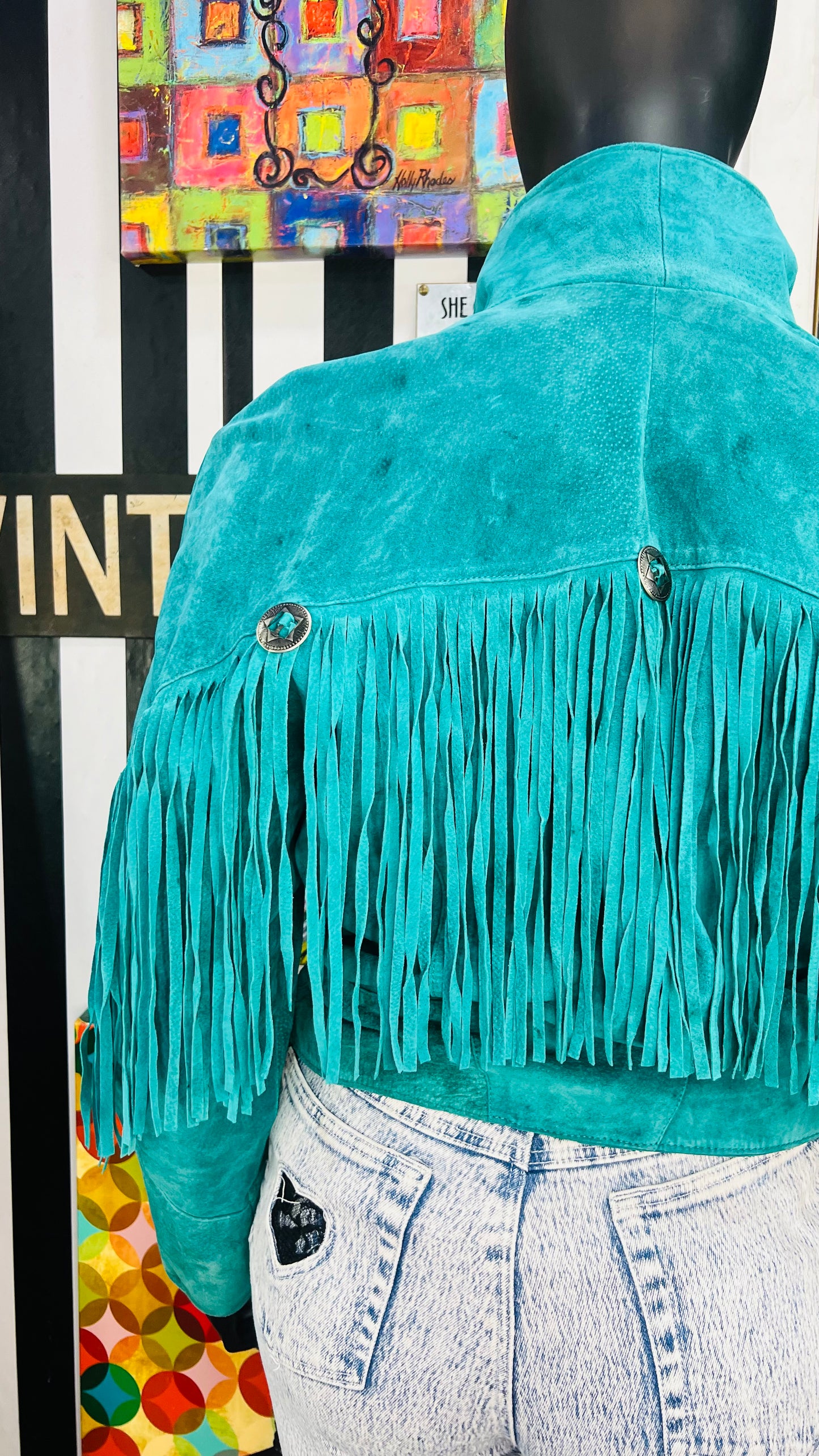 Vintage Teal Suede Genuine Leather Pelle Cropped Fringe Jacket (14)