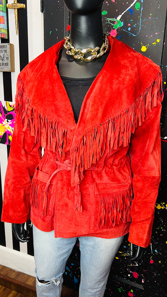 Vintage Red Suede Leather Fringe Coat (18)