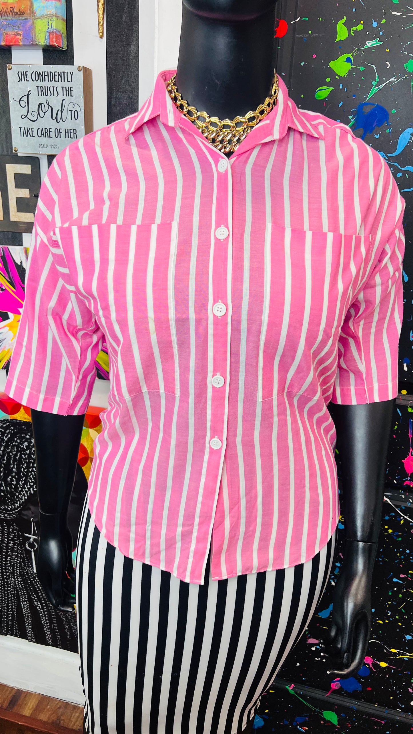 Vintage Cotton Pink & White Striped Blouse (14)