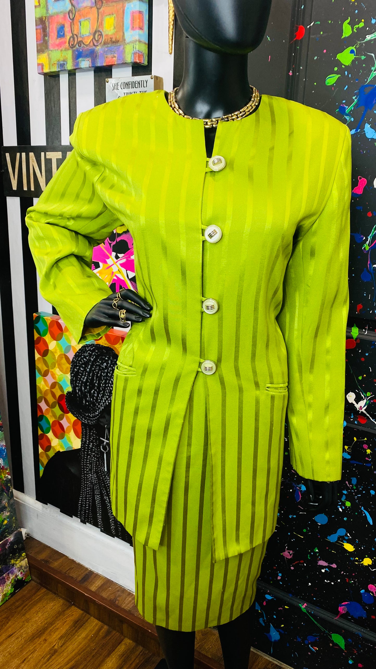 Vintage Green Striped Skirt Suit (14)