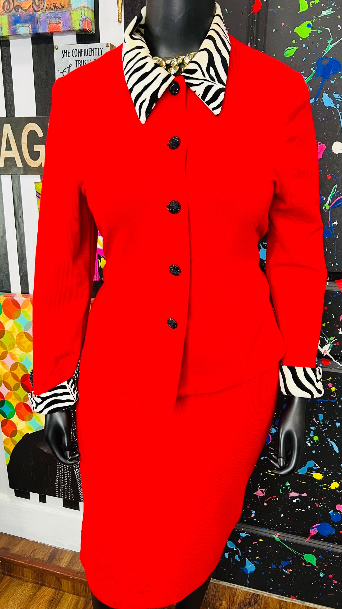 Vintage Red & Zebra Print Skirt Suit - Has Stretch (16)